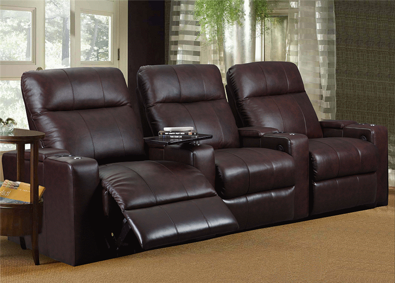 Plaza Brown Leather Power 3 Seat Straight Theater Seating by Row One -  RO8013T-08P-3BR