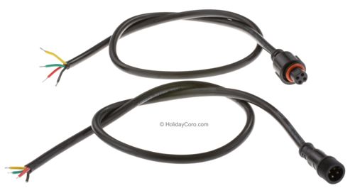 PRODUCT PHOTO: EasyPlug4 / 4 Conductor / 5ft Total (2.5 + 2.5) / Screw Together / Pre-Stripped Pigtail / Waterproof Male + Female (18 AWG) / RGB Dumb Lights