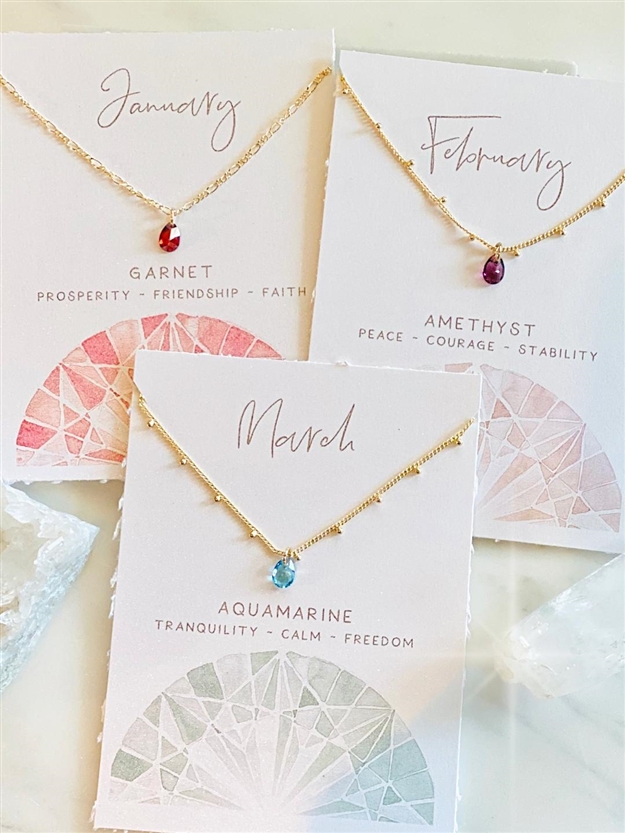 Three Birthstone Necklaces on cards