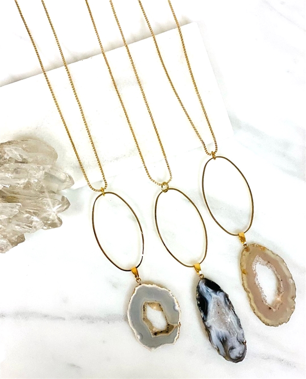 Three different mirajo Jewelry druzy-agate necklaces on white background