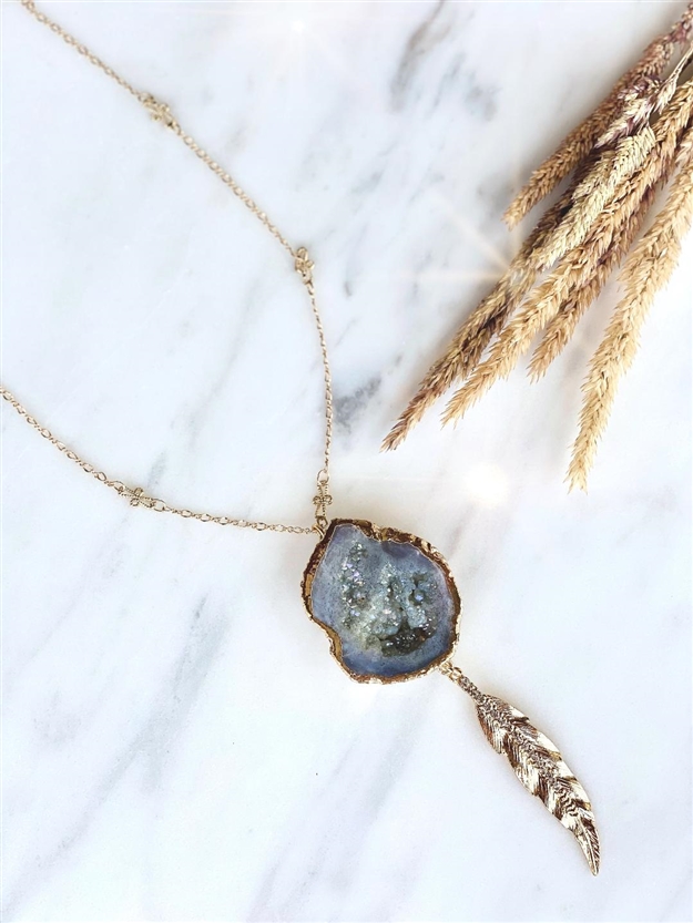 Druzy Leaf Necklace on white background