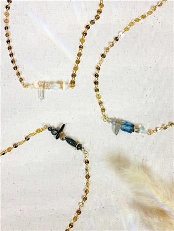 Three different Mirajo Jewelry luster necklaces on white background