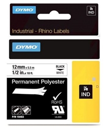 DYMO RHINO 18483 PERMANENT POLYESTER LABEL BLACK ON WHITE,  1/2" X 18'