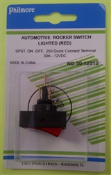 PHILMORE 30-12312 AUTOMOTIVE ROCKER SWITCH SPST ON-OFF, 30A @ 12VDC, RED LAMP, QC TERMINALS *NOT RATED FOR 120/220VAC*