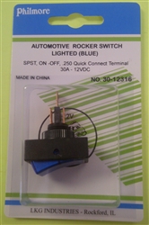 PHILMORE 30-12316 AUTOMOTIVE ROCKER SWITCH SPST ON-OFF, 30A @ 12VDC, BLUE LAMP, QC TERMINALS *NOT RATED FOR 120/220VAC*