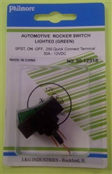 PHILMORE 30-12318 AUTOMOTIVE ROCKER SWITCH SPST ON-OFF, 30A @ 12VDC, GREEN LAMP, QC TERMINALS *NOT RATED FOR 120/220VAC*