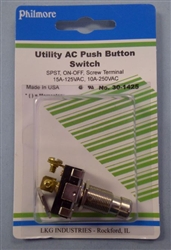 PHILMORE 30-1425 HEAVY DUTY CHROME PUSH BUTTON SWITCH,      SPST ON-OFF, 15A @ 125VAC / 10A @ 250VAC, SCREW TERMINALS