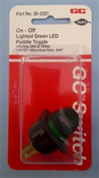 GC 35-3321 PADDLE TOGGLE SWITCH SPST ON-OFF, 20A @ 12VDC,   LIGHTED GREEN LED, QC TERMINALS *NOT RATED FOR 120/220V AC*