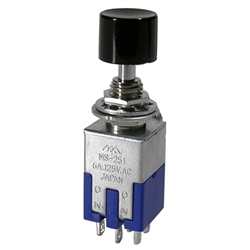 MODE 44-611-1 PUSH BUTTON SWITCH, DPDT ON-ON, 6A @ 125VAC,  WITH BLACK BUTTON, SOLDER TERMINALS