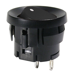 MODE 46-100-0 ROUND ROCKER SWITCH SPST ON-OFF, 5A @ 125VAC / 3A @ 250VAC, BLACK WITH WHITE DOT, SOLDER TERMINALS