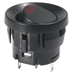 MODE 46-102-1 ROUND ROCKER SWITCH SPST ON-OFF, 5A @ 125VAC / 3A @ 250VAC, BLACK WITH RED LED, SOLDER TERMINALS