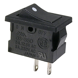 MODE 46-143-1 ROCKER SWITCH SPST ON-OFF, 5A @ 125VAC /      3A @ 250VAC, BLACK WITH WHITE DOT, SOLDER TERMINALS