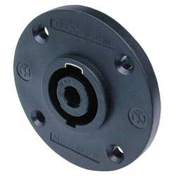 NEUTRIK NL4MPR 4 POLE SPEAKON CHASSIS CONNECTOR, BLACK ROUND G-SIZE FLANGE, COUNTERSUNK THRU HOLES, 3/16" FLAT TABS