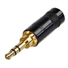 REAN NEUTRIK NYS231BG 3 POLE STEREO 3.5MM GOLD METAL PLUG,  BLACK HOUSING, CRIMP STRAIN RELIEF, SOLDER TABS