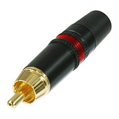 REAN NEUTRIK NYS373-2 PREMIUM RCA PHONO PLUG WITH GOLD      PLATED CONTACTS, BLACK METAL HOUSING & RED STRIPE