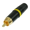 REAN NEUTRIK NYS373-4 PREMIUM RCA PHONO PLUG WITH GOLD      PLATED CONTACTS, BLACK METAL HOUSING & YELLOW STRIPE