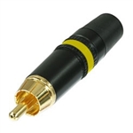 REAN NEUTRIK NYS373-4 PREMIUM RCA PHONO PLUG WITH GOLD      PLATED CONTACTS, BLACK METAL HOUSING & YELLOW STRIPE