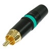 REAN NEUTRIK NYS373-5 PREMIUM RCA PHONO PLUG WITH GOLD      PLATED CONTACTS, BLACK METAL HOUSING & GREEN STRIPE