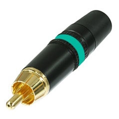 REAN NEUTRIK NYS373-5 PREMIUM RCA PHONO PLUG WITH GOLD      PLATED CONTACTS, BLACK METAL HOUSING & GREEN STRIPE