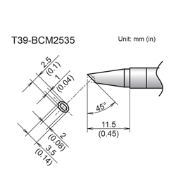 HAKKO T39-BCM2535 BEVEL TIP WITH INDENT, 2.5MM/45 DEGREES   X 11.5MM, FOR THE FX-971 SOLDERING STATION *SPECIAL ORDER*