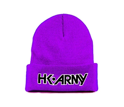 A purple beanie with a black and white HK Army logo on its cuff.