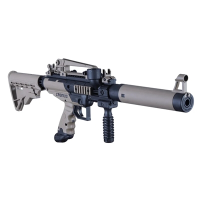 A .50 caliber version of the Tippmann Cronus Tactical paintball marker. The Cronus Tactical is black and dark earth tan