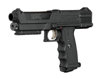 A Tippmann TiPX .68 caliber magazine fed paintball pistol. The pistol is black.