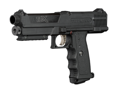 A Tippmann TiPX .68 caliber magazine fed paintball pistol. The pistol is black.