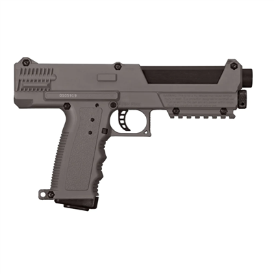A Tippmann TiPX .68 caliber magazine fed paintball pistol. The pistol is steel grey.