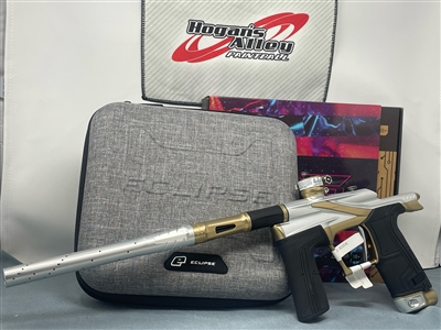 A color swapped Planet Eclipse EGO LV2 paintball marker. The marker is dust silver with dust bronze accents.