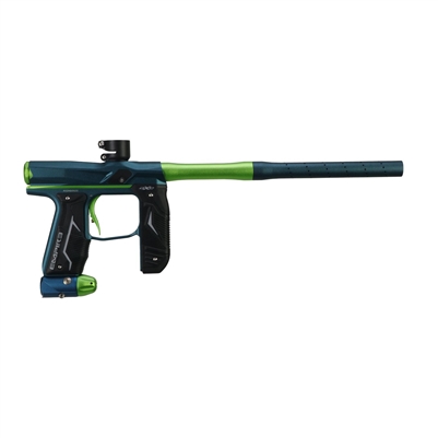 An Empire Axe 2.0 electronic paintball marker with Redline OLED board. The marker is dust admiral blue and dust cadmium green.