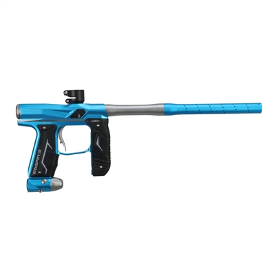 An Empire Axe 2.0 electronic paintball marker with Redline OLED board. The marker is dust savoy blue and dust grey.