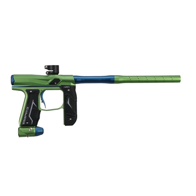 An Empire Axe 2.0 electronic paintball marker with Redline OLED board. The marker is dust mantis green with dust savoy blue accents.