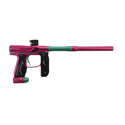 An Empire Axe 2.0 electronic paintball marker with Redline OLED board. The marker is dust hot pink with dust teal accents.