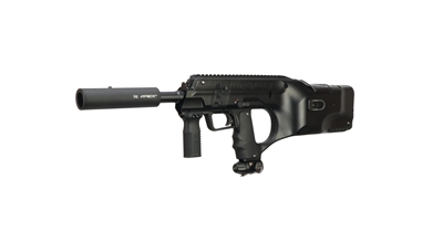 An Empire DFender Elite electronic paintball marker. The marker is black.
