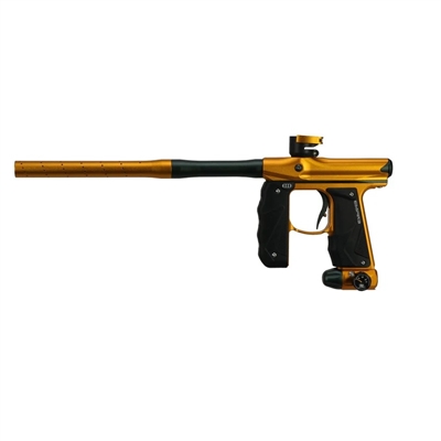 An Empire Mini GS Electronic paintball marker. The marker is dust honey gold with dust pine green accents.