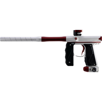 An Empire Mini GS Electronic paintball marker in the dust silver and dust red colorway.