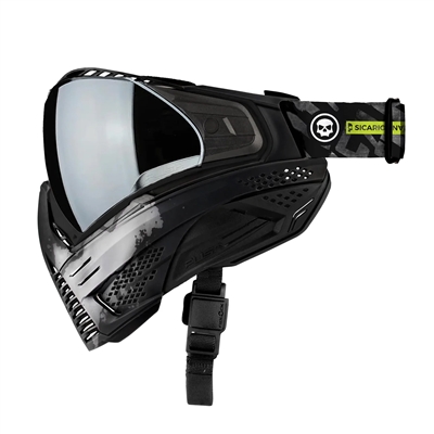A Push Unite paintball mask in the Infamous White Skull colorway. The mask is black with a white Skull graphic.