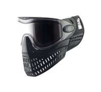 An all black Empire E-Vent paintball mask with clear thermal lens.