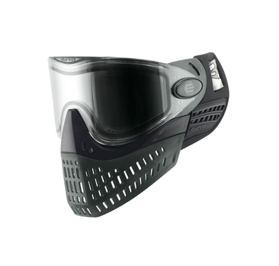 A black and grey  Empire E-Vent paintball mask with clear thermal lens.