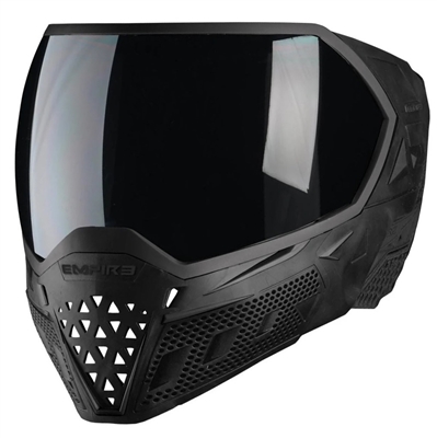 A black empire evs paintball mask with a smoke thermal lens.