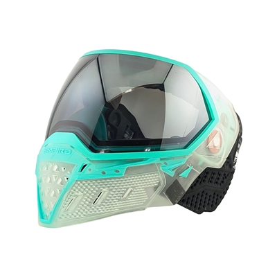 An Empire EVS SE Crystal paintball mask in the Clear/Teal colorway.