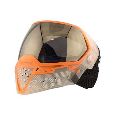 An Empire EVS SE Crystal paintball mask in the Clear/Orange colorway.