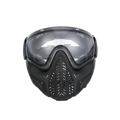 A VForce Profiler 2.0 paintball mask. The mask is all black and has a clear dual-pane thermal lens.