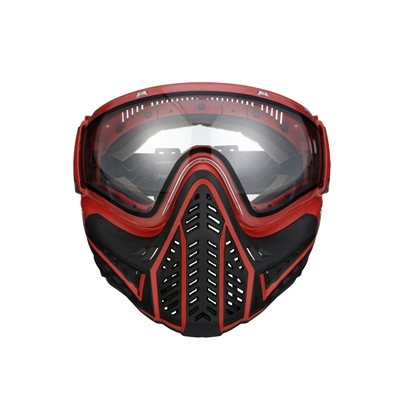 A VForce Profiler 2.0 paintball mask. The mask is black with red accents and has a clear dual-pane thermal lens.