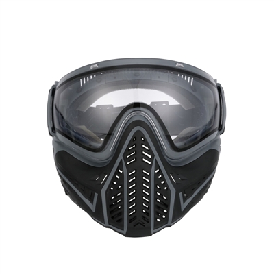 A VForce Profiler 2.0 paintball mask. The mask is black with grey accents and has a clear dual-pane thermal lens.