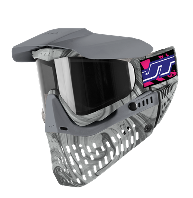 A JT Proflex paintball mask in the limited edition Marble Away colorway.