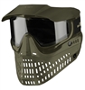 An olive JT Proshield paintball mask. The mask includes a visor and a clear thermal lens.