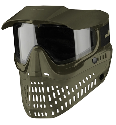 An olive JT Proshield paintball mask. The mask includes a visor and a clear thermal lens.