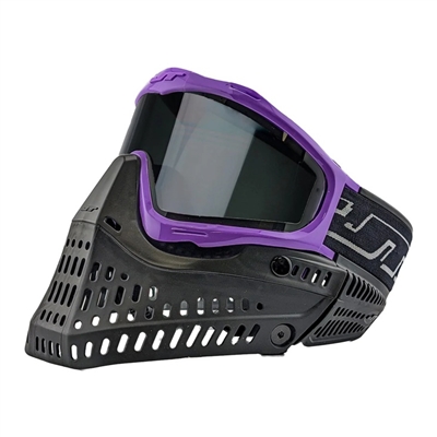 A JT Proflex paintball mask. The mask has purple frames, and black bottoms and ears. Ships with a clear thermal lens.